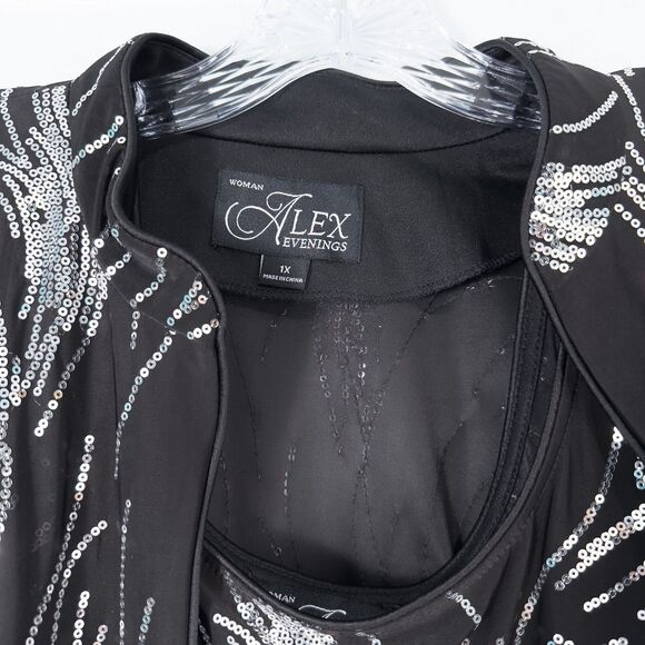 Alex Evenings Sequin Twinset Mandarin Neck Womens 1X Black Silver Event Formal - Picture 9 of 16